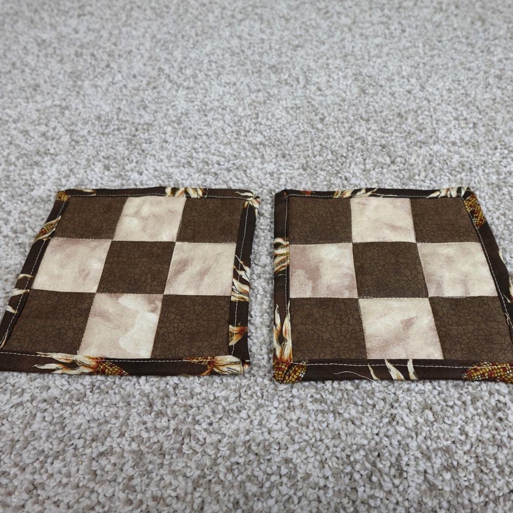 Handmade Brown Quilted 9 Patch Mug Rug Coasters Set of 2 Corn Harvest 6x6